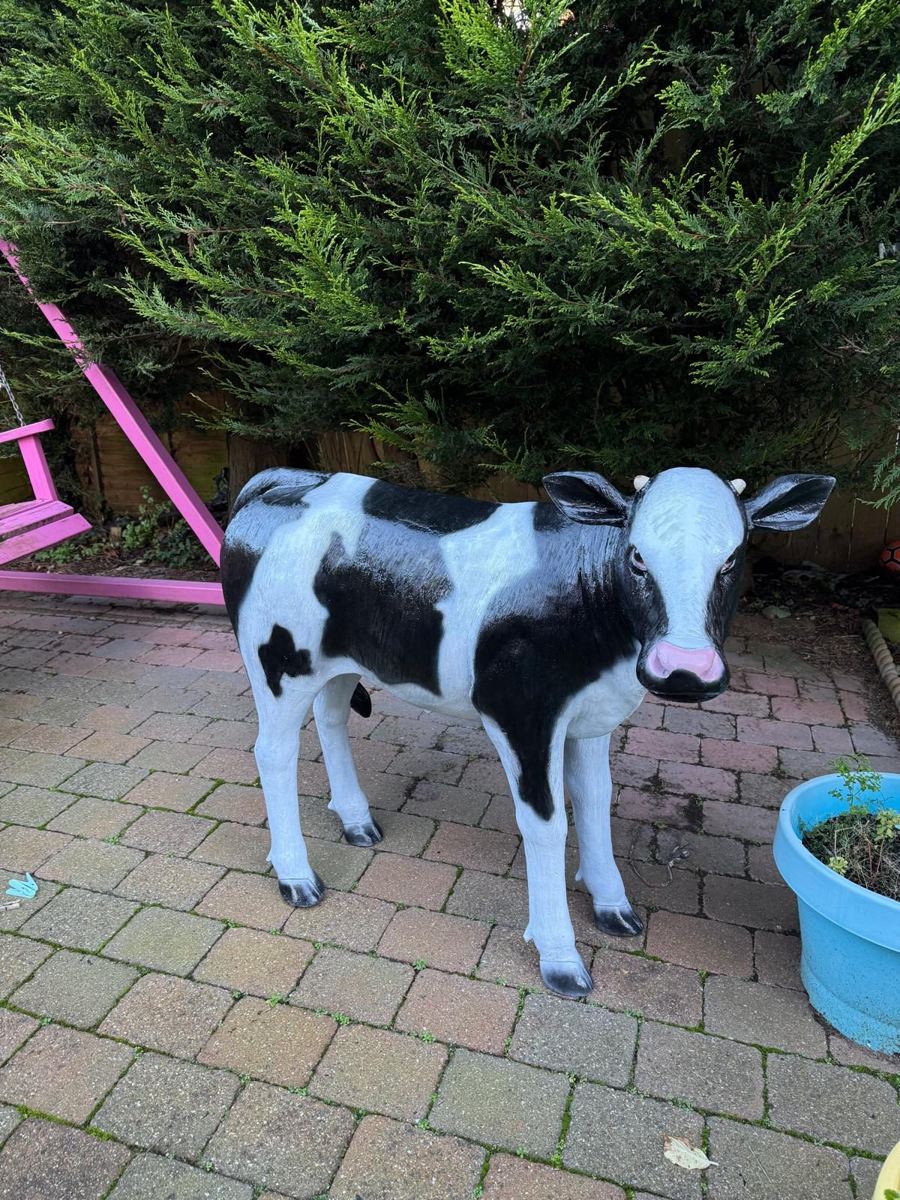 The same calf statue freshly repainted in black and white